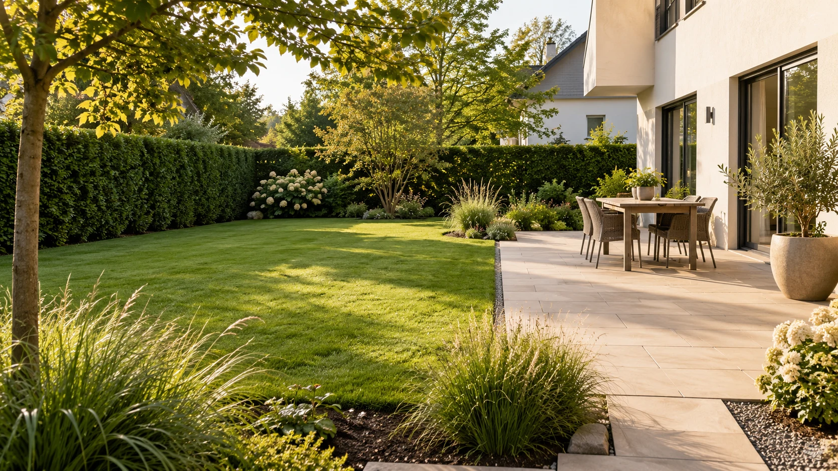 Illustration eines gepflegten Gartens mit Rasen, Hecken und Terrasse